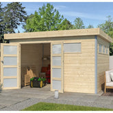 Abri Kasuko M 11,36m² en bois massif 28mm avec profils de coins en aluminium + porte et 2 fenêtres – Gardenas Ma boutique